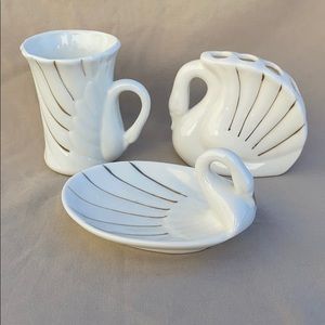 1950s Vintage 3pcWhite&Gold Ceramic Swan Bathroom set Toothbrush/Soap holder Cup
